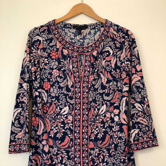 BCBGMAXAZRIA Calico Dress Navy Blue Pink Floral 3/4 Sleeve Cutout Mini Shift XS - Picture 4 of 11
